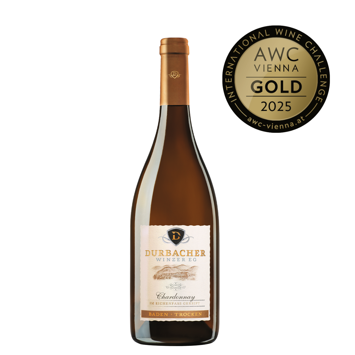 Weinflasche - Durbacher Chardonnay Qba trocken 0,75L - EICHENFASS ausgebaut - AWC VIENNA Gold 2025 prämiert