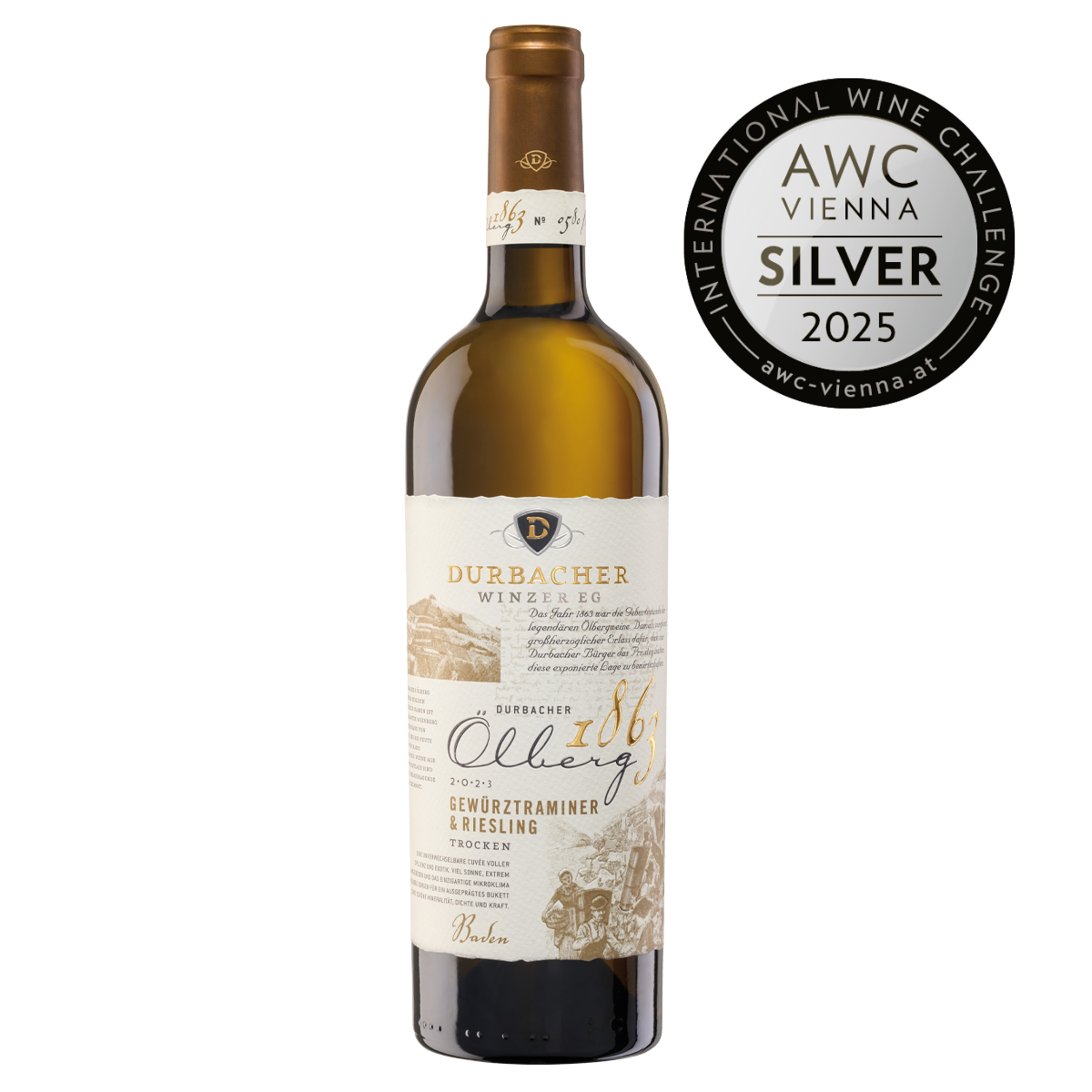 Weinflasche - Durbacher Ölberg - Edition Ölberg 1863 - QbA trocken 0,75L - AWC VIENNA Silber 2025 prämiert