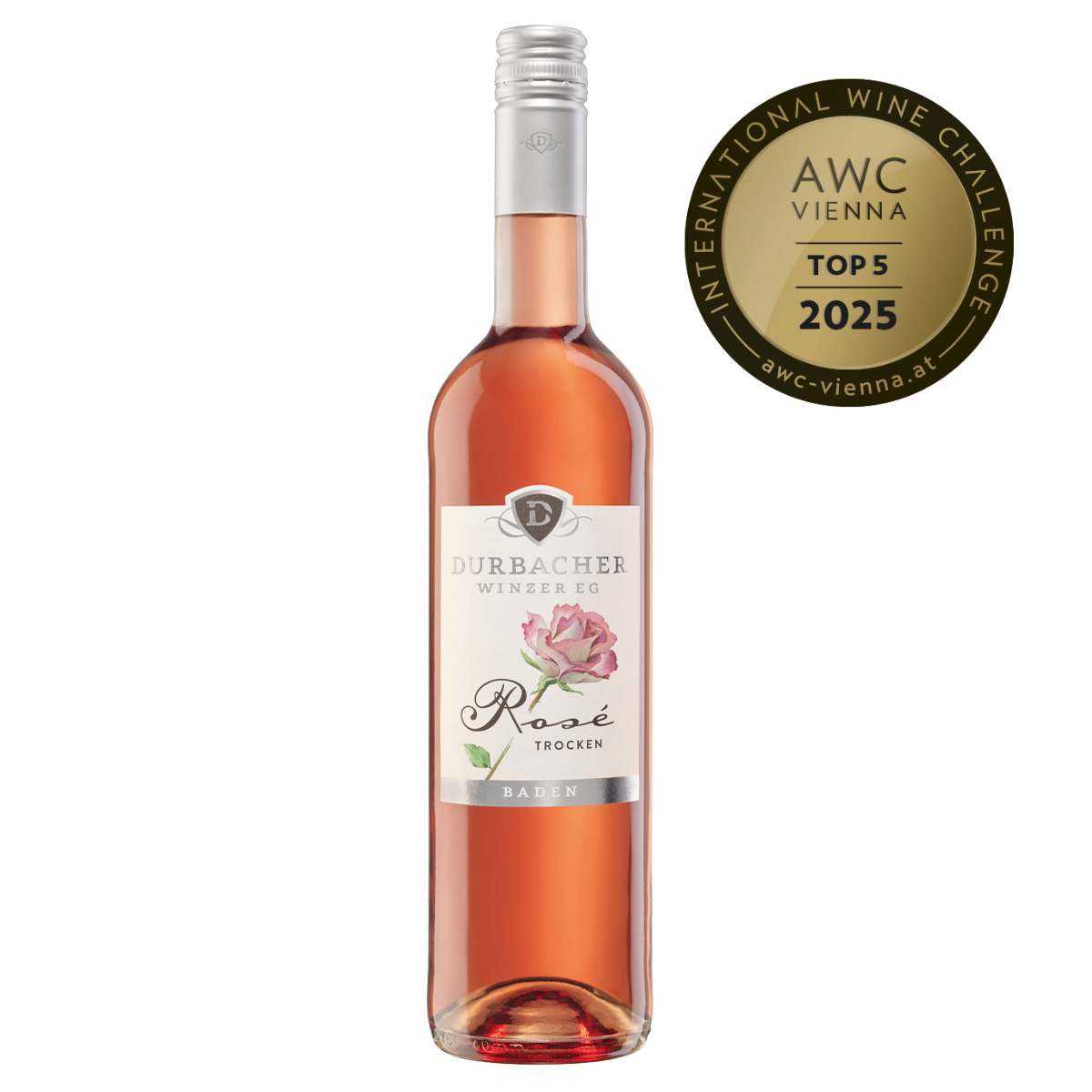 Weinflasche - Durbacher Spätburgunder Rosé - Wein mit der Rose - QbA trocken 0,75L AWC VIENNA Top 5 2025 prämiert