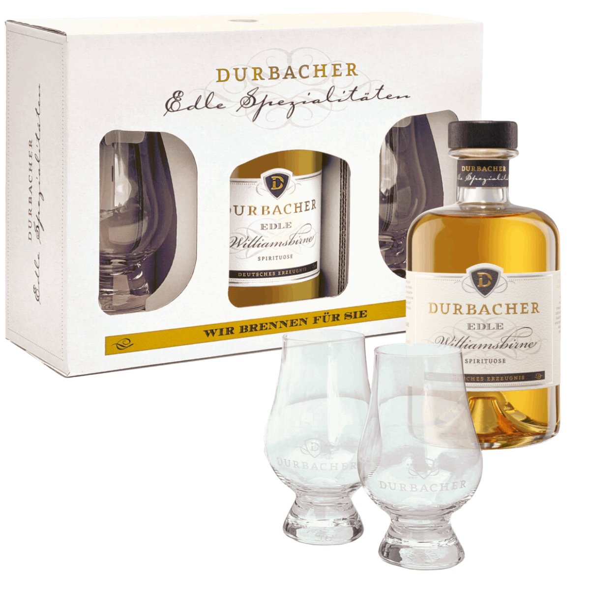 Geschenkset - Durbacher Edle Williams Birne 1 x 0,5 & Durbacher Edelbrand-Gläser 2 Stück