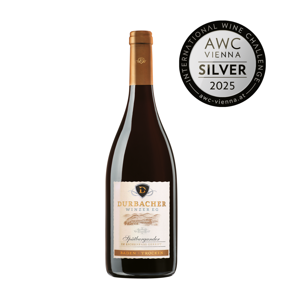 Weinflasche -  Durbacher Spätburgunder Rotwein Spätlese trocken "Barrique" 0,75L - Holzfass gereift - AWC VIENNA Silber 2025 prämiert 