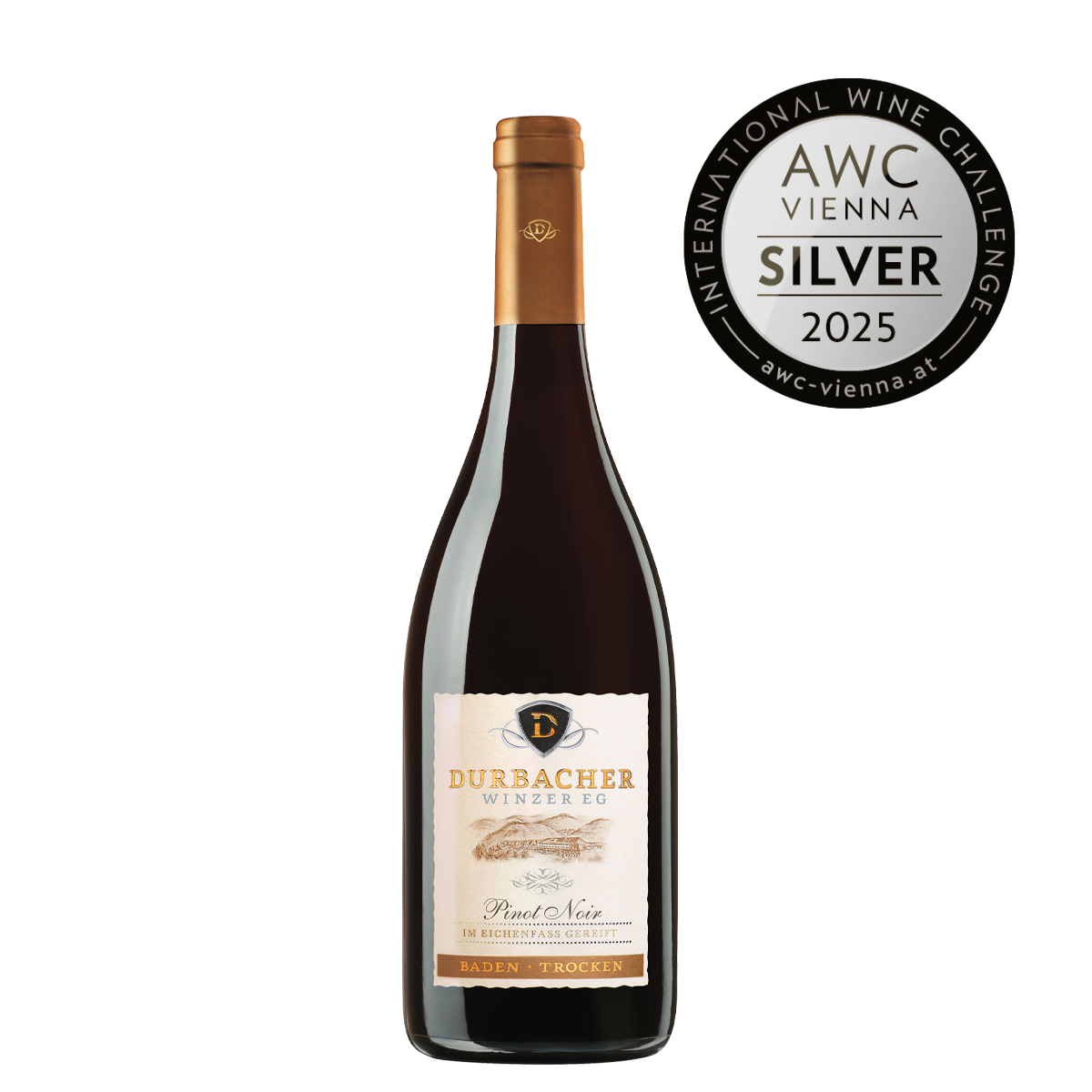 Weinflasche - Durbacher Pinot Noir Qba trocken 0,75L - Holzfass gereift - AWC VIENNA Silber 2025 prämiert