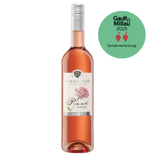 Weinflasche - Durbacher Spätburgunder Rosé - Wein mit der Rose - QbA trocken 0,75L Gault & Millau 2025 prämiert 